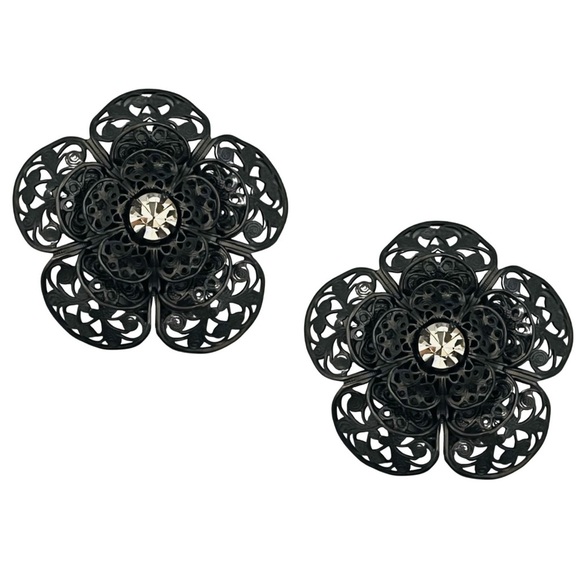 LES BERNARD • Vintage Filigree Black Flower Earrings - Picture 1 of 4